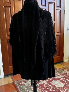 Black Sheer Crochet Triangle Scarf Shawl Wrap With Fringe  52” Long